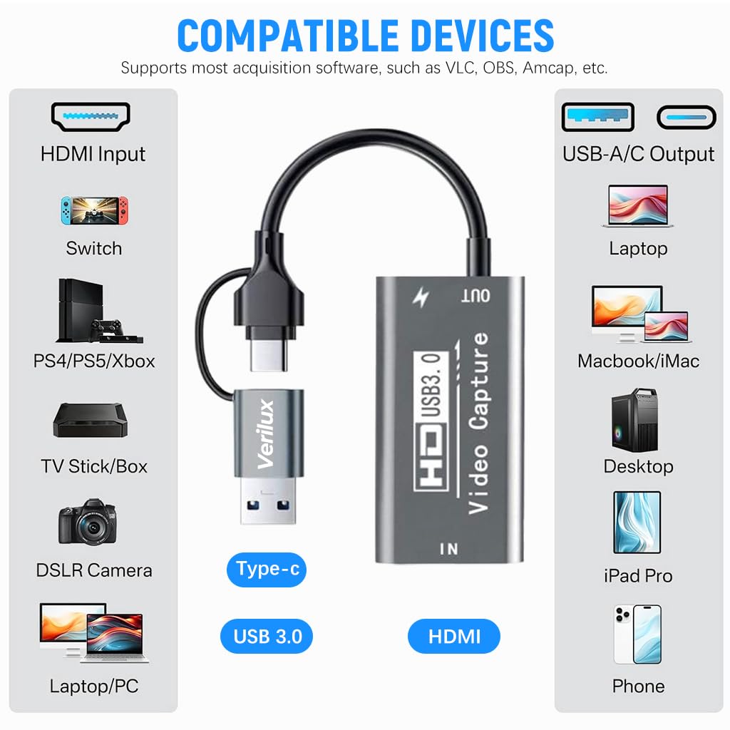 Verilux HDMI to USB Video Capture Card 2 in 1 HDMI to USB/USB C Video Capture Card Supports 100W PD & 4K 1920 * 1080@60Hz Universal HDMI to USB Adapter Switch, PS5/4, Live Broadcast, Gaming Verilux HDMI to USB Video Capture Card 2 in 1 HDMI to USB/USB C Video Capture Card Supports 100W PD & 4K 1920 * 1080@60Hz Universal HDMI to USB Adapter Switch, PS5/4, Live Broadcast, Gaming